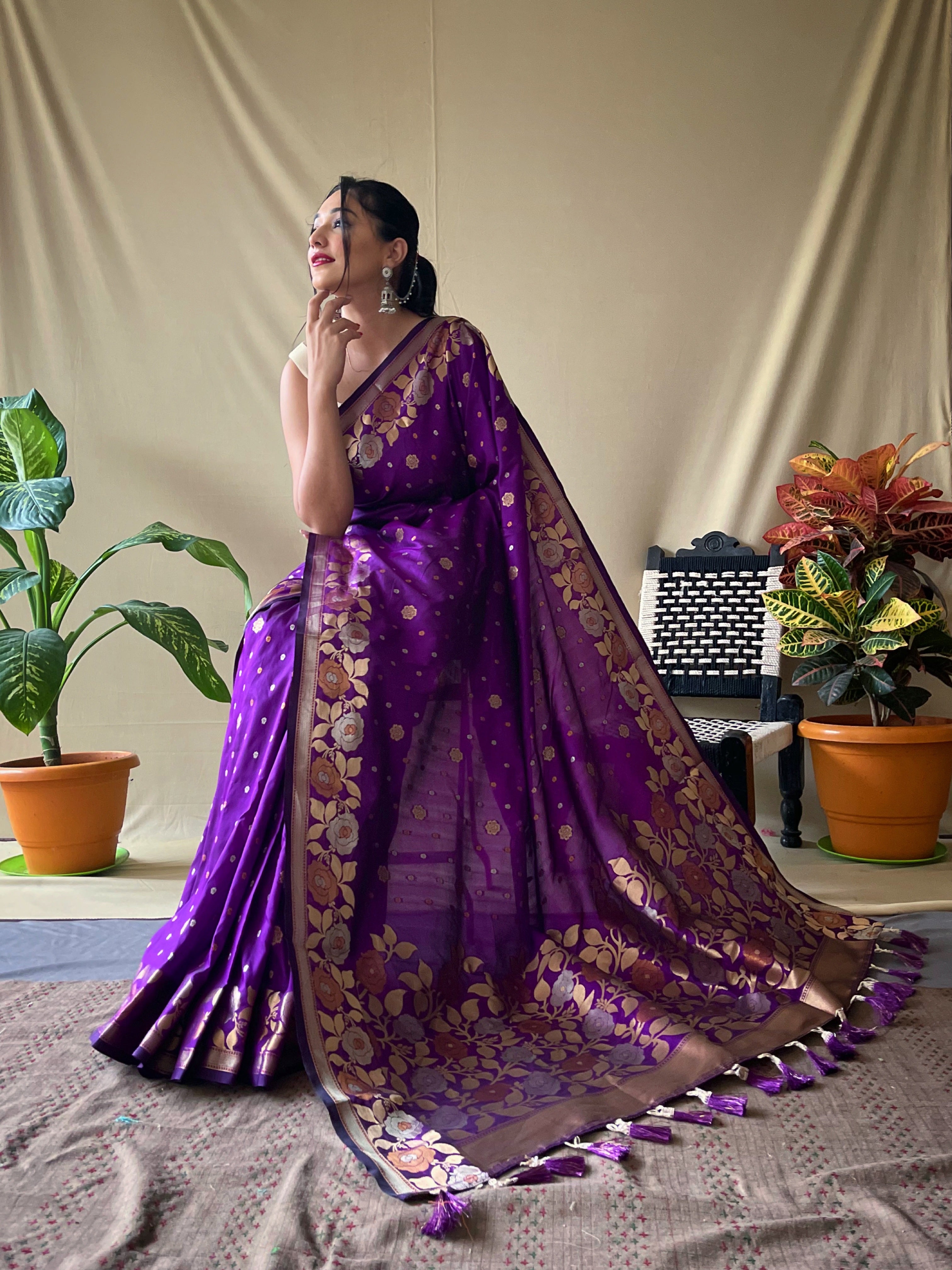 Women's Banarasi Silk Saree with Floral Woven Border and Pallu Purple - TASARIKA