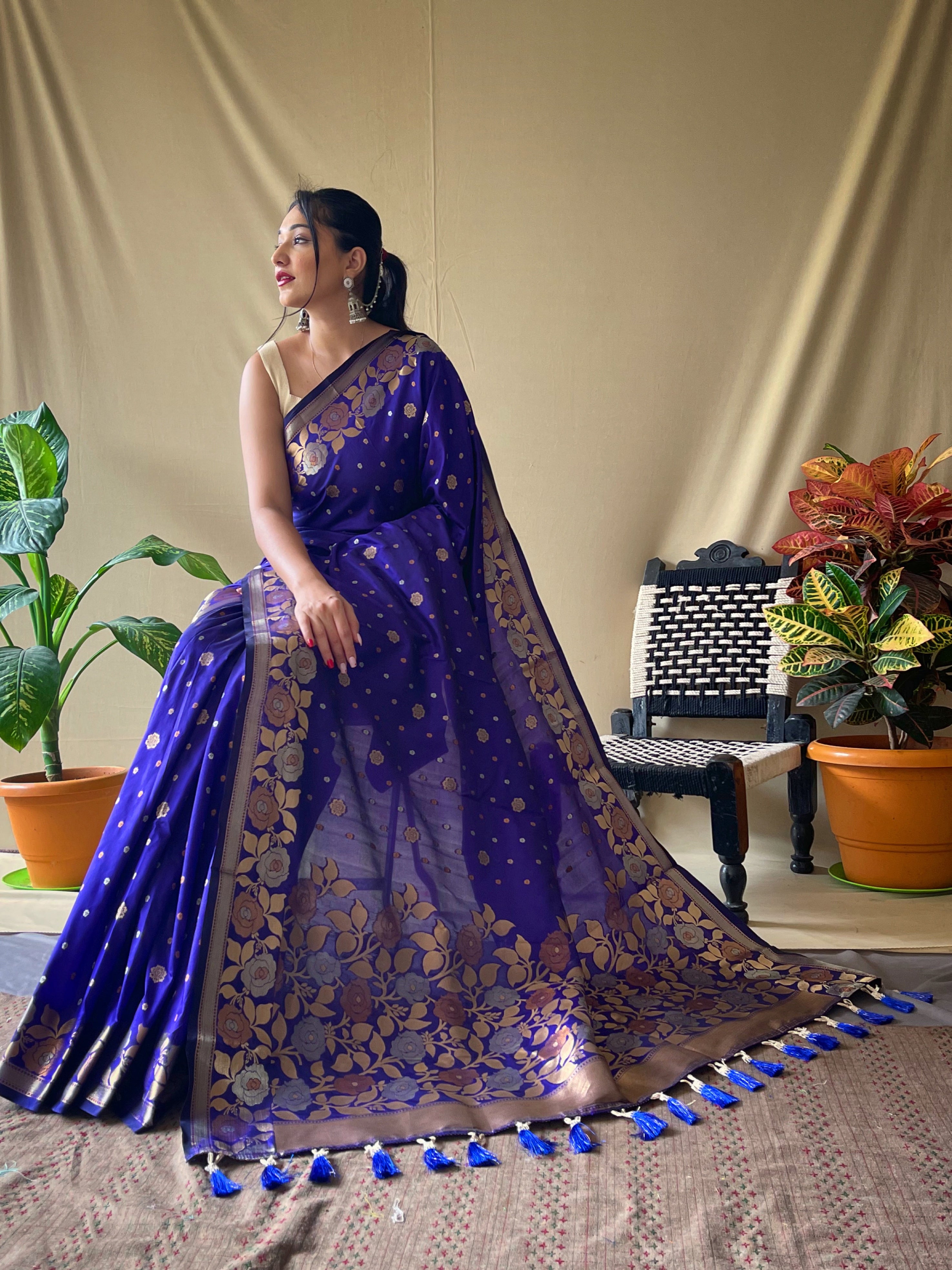 Women's Banarasi Silk Saree with Floral Woven Border and Pallu Violet Blue - TASARIKA