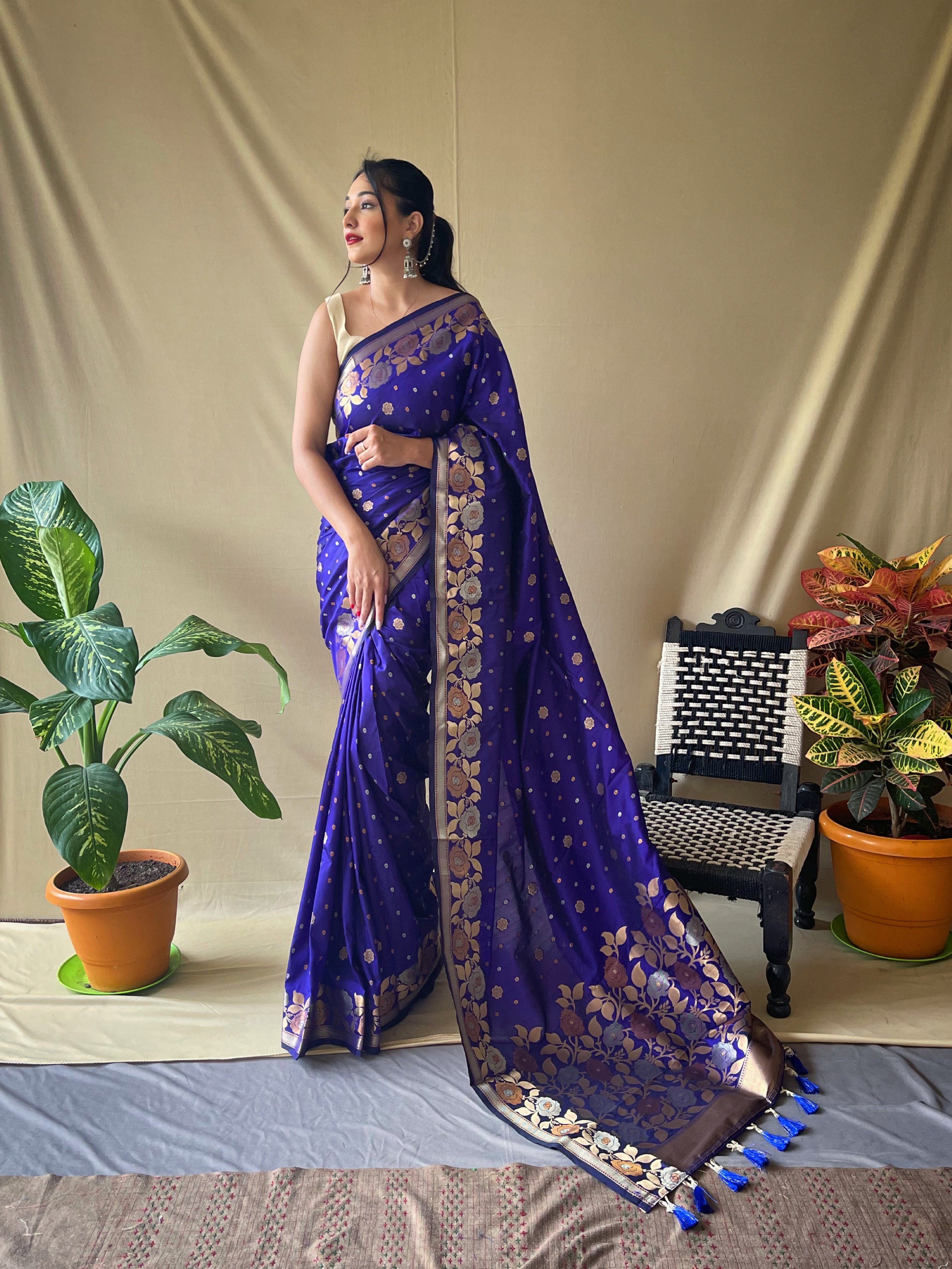 Women's Banarasi Silk Saree with Floral Woven Border and Pallu Violet Blue