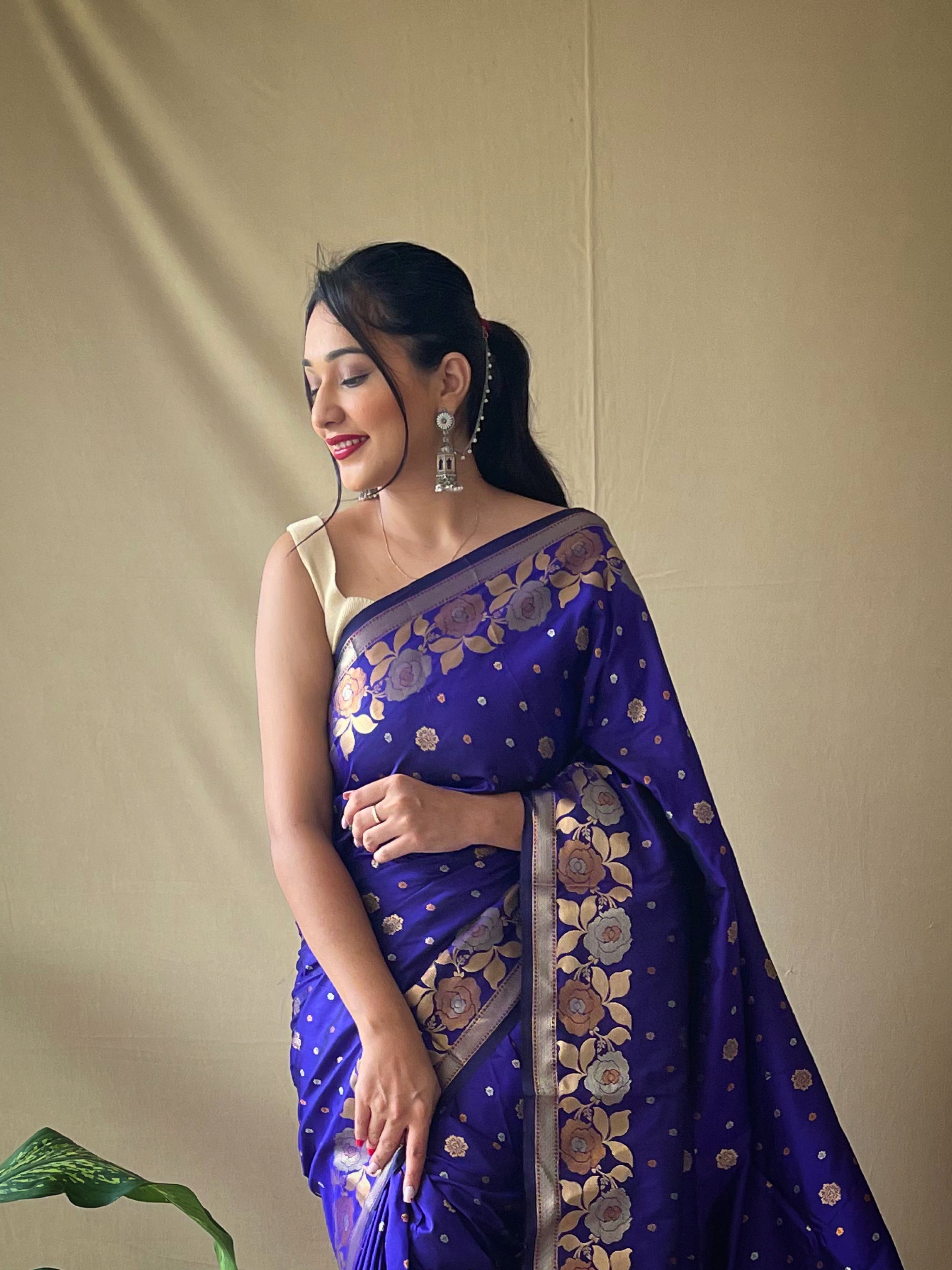 Women's Banarasi Silk Saree with Floral Woven Border and Pallu Violet Blue