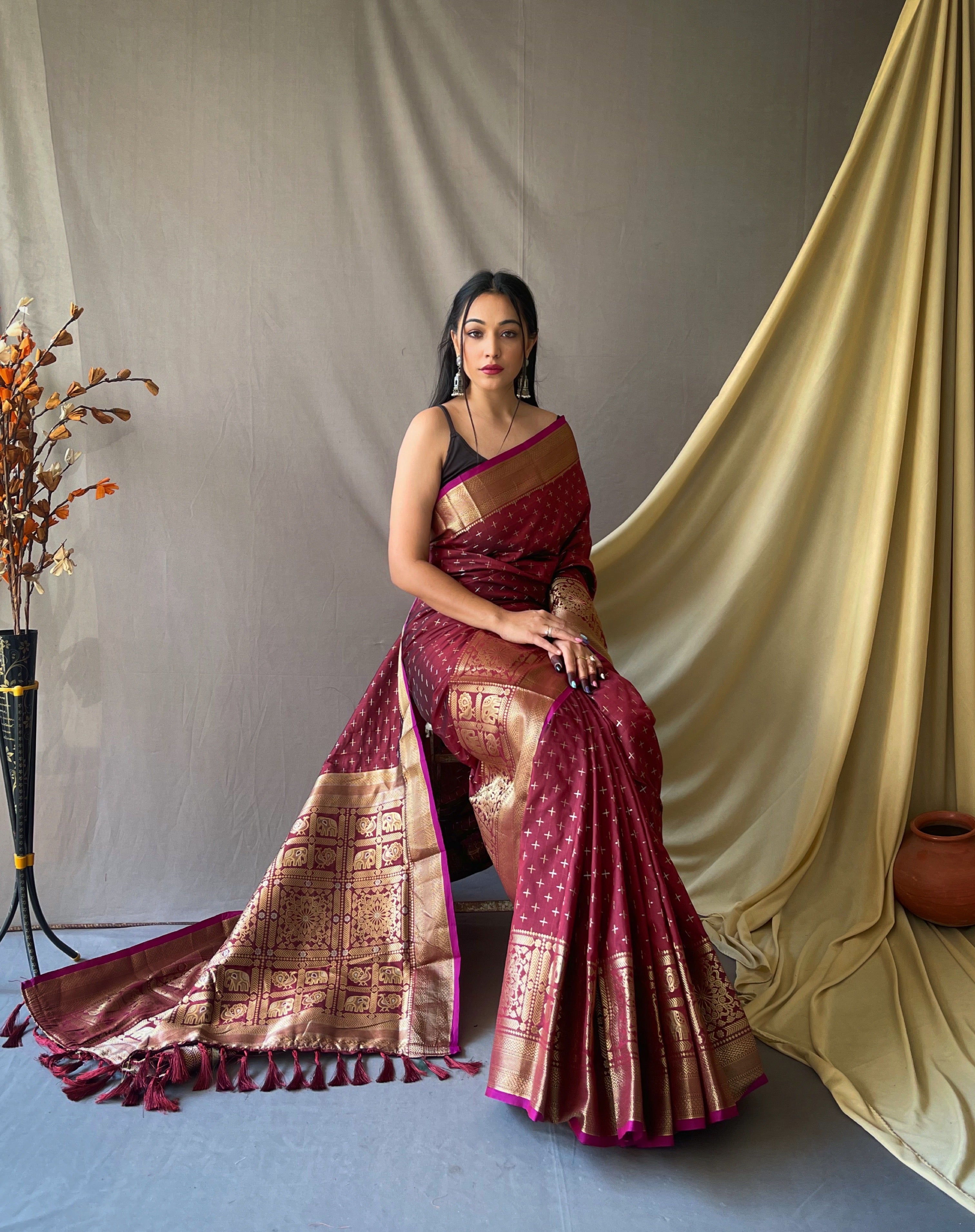 Women's Banarasi Silk Checks Woven Saree Brown - TASARIKA
