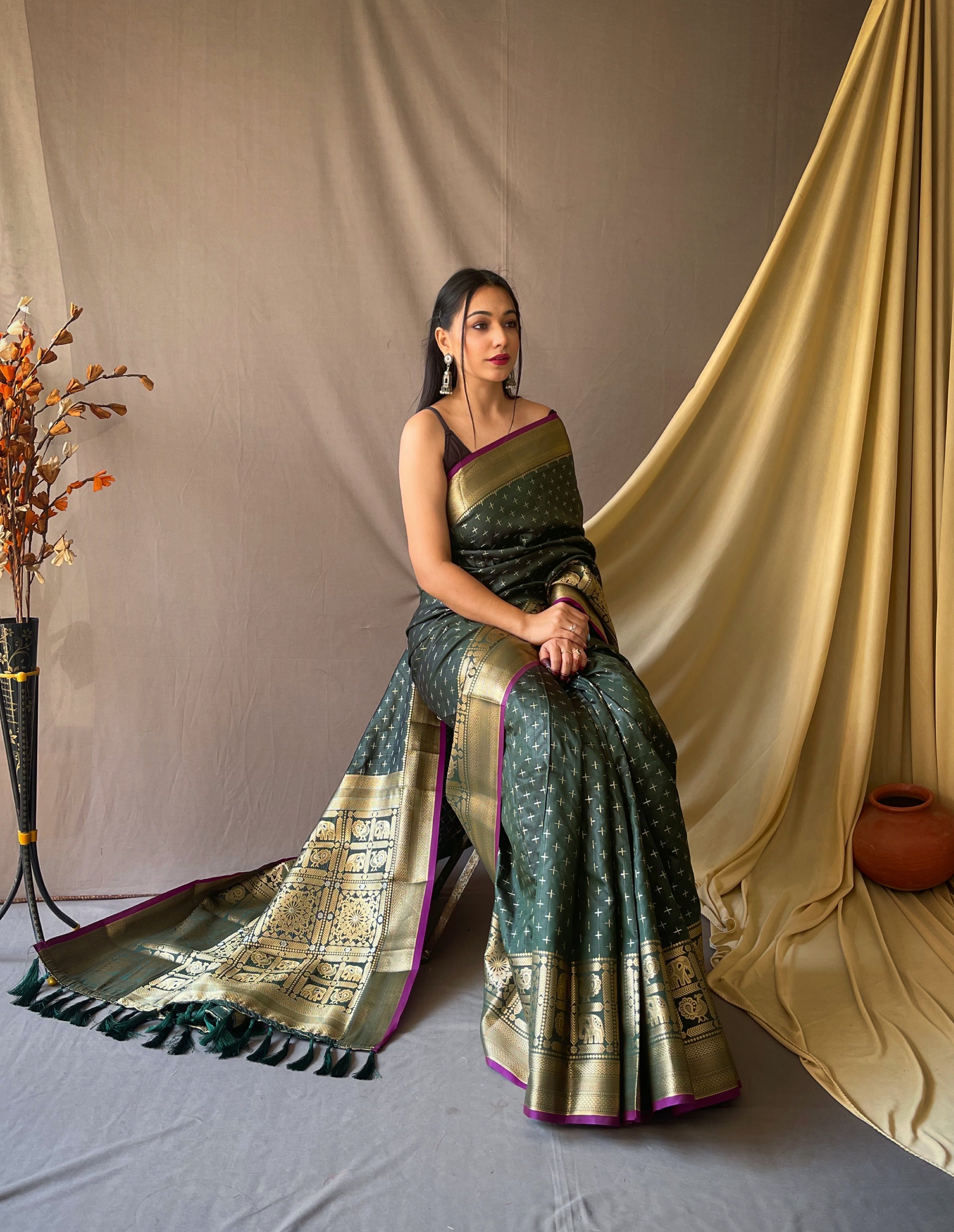 Women's Banarasi Silk Checks Woven Saree Dark Green - TASARIKA