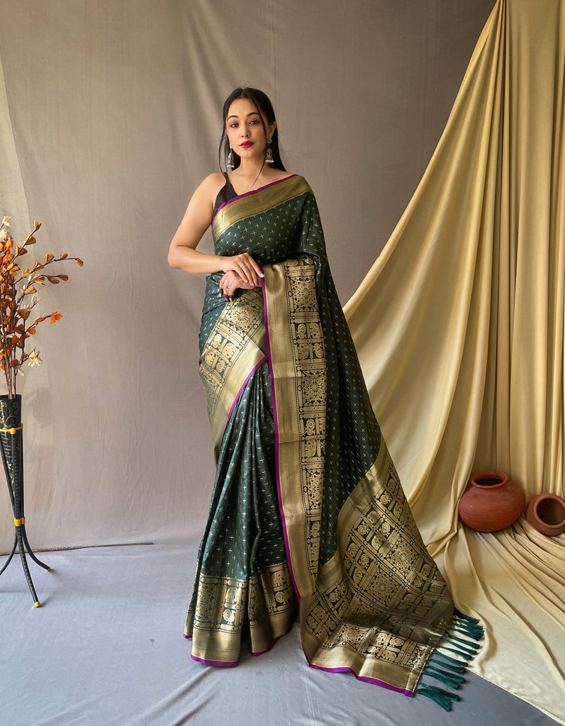 Women's Banarasi Silk Checks Woven Saree Dark Green