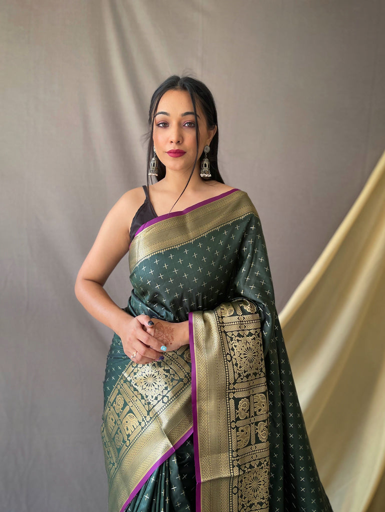 Women's Banarasi Silk Checks Woven Saree Dark Green