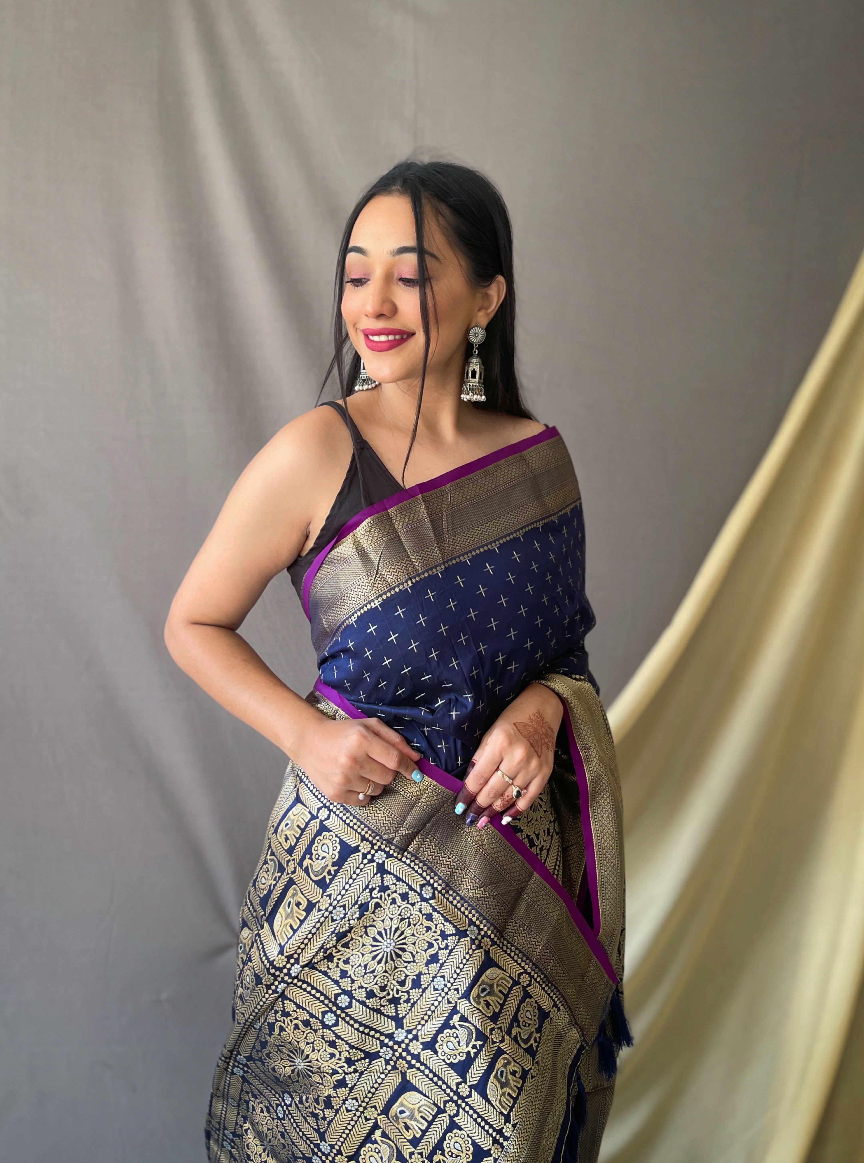 Women's Banarasi Silk Checks Woven Saree Dark Blue - TASARIKA