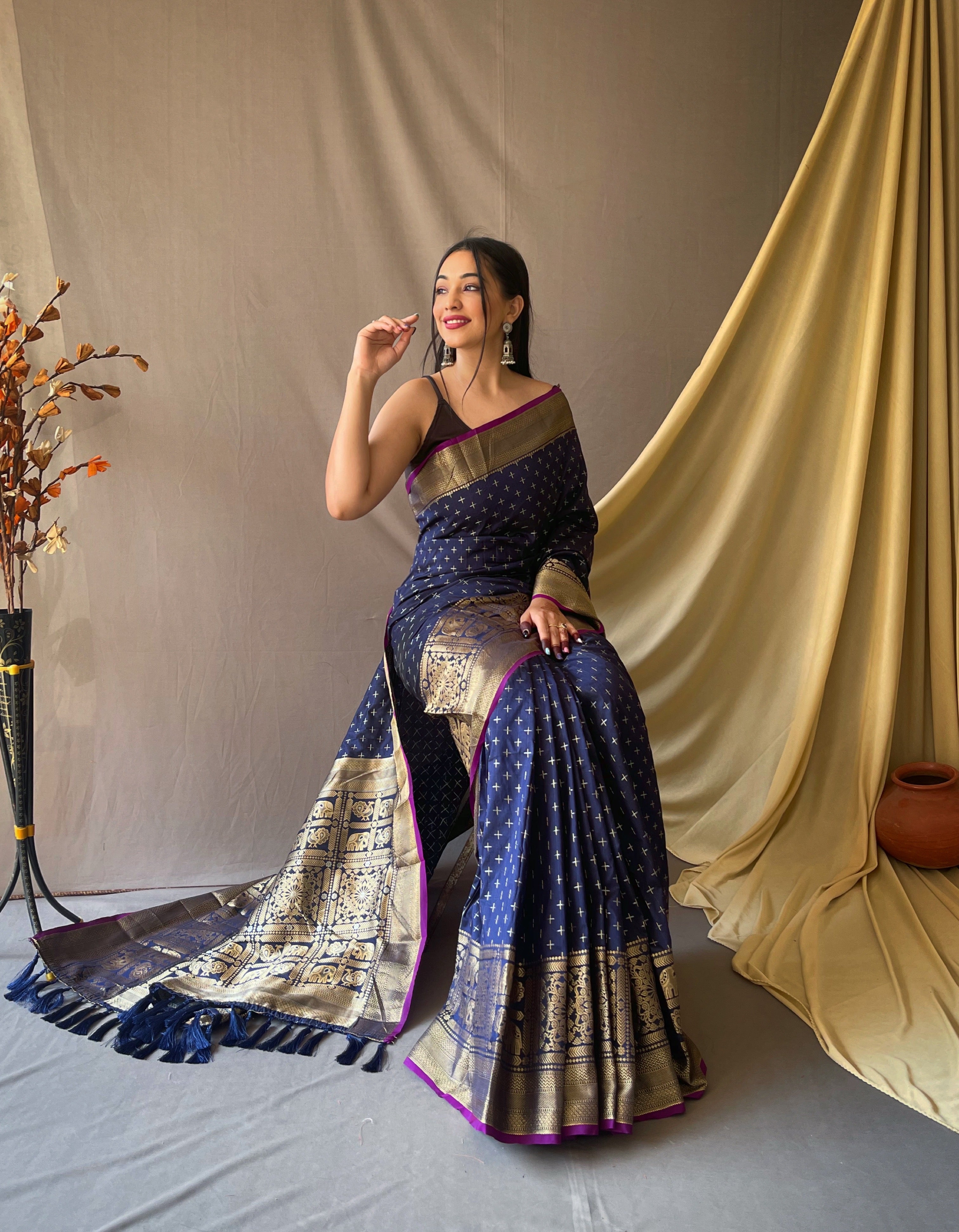 Women's Banarasi Silk Checks Woven Saree Dark Blue - TASARIKA