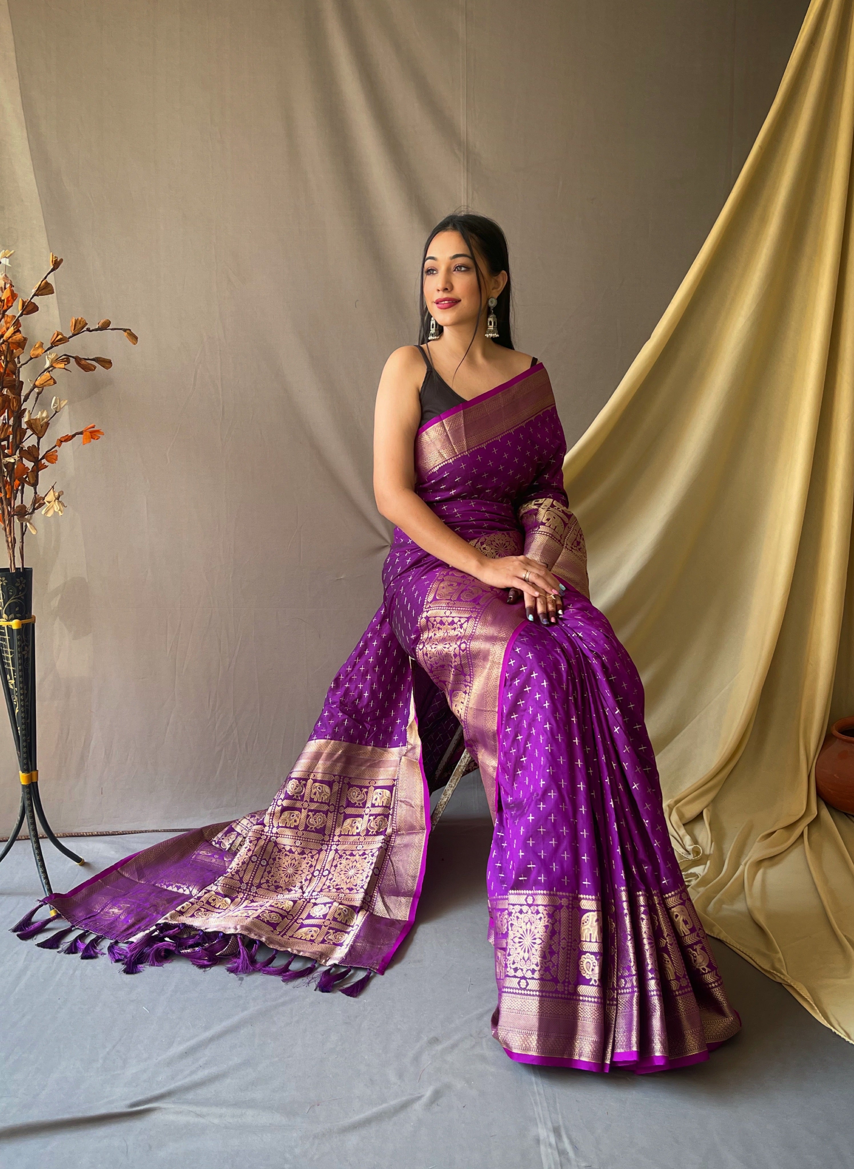 Women's Banarasi Silk Checks Woven Saree Purple - TASARIKA