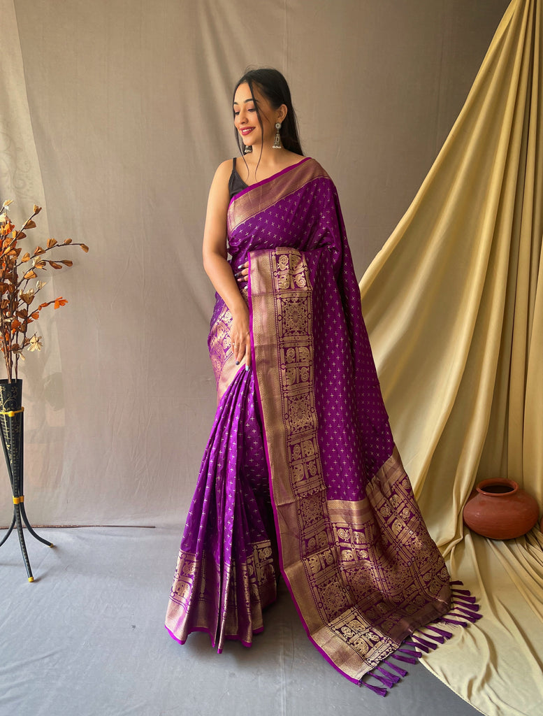 Women's Banarasi Silk Checks Woven Saree Purple