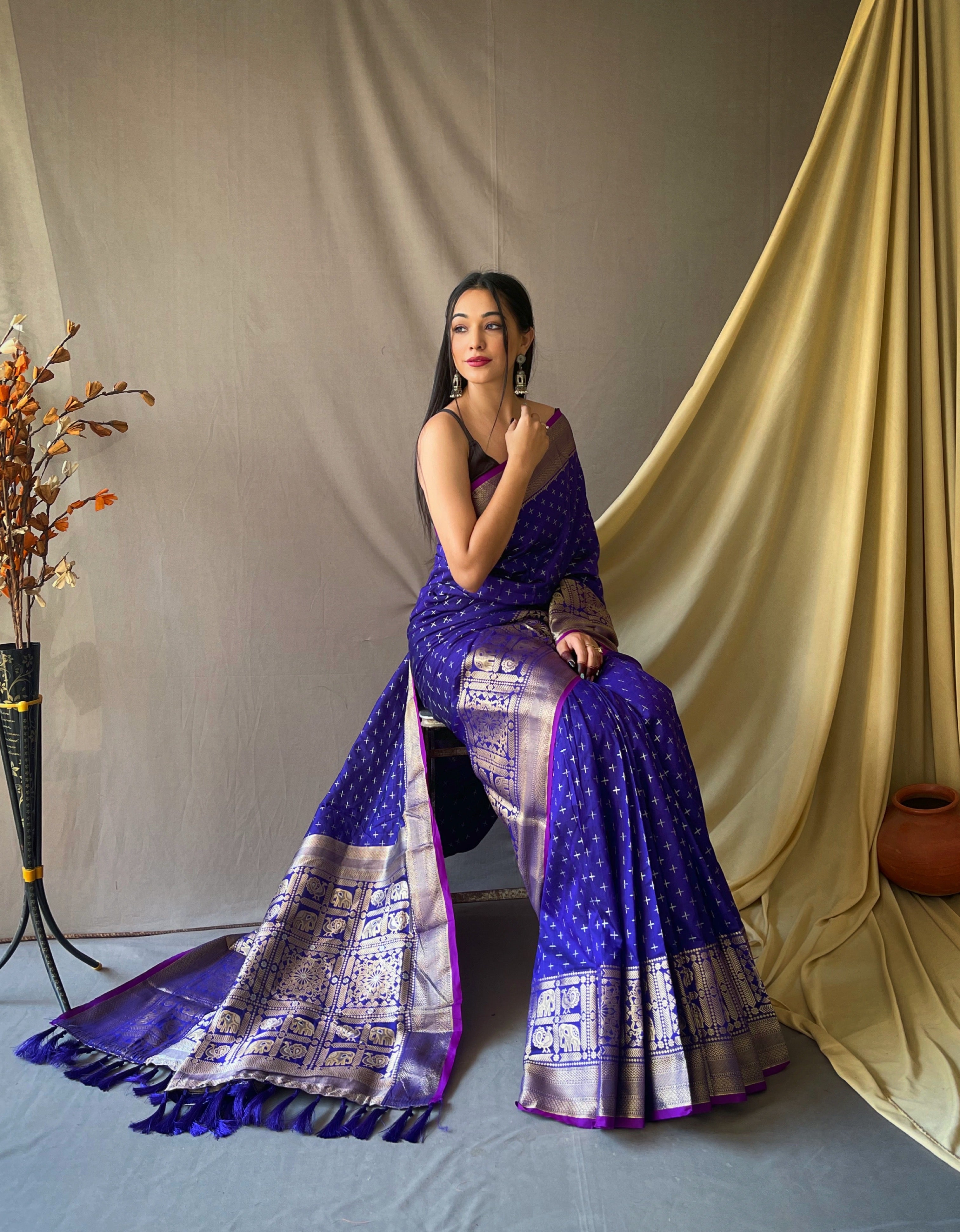 Women's Banarasi Silk Checks Woven Saree Violet Blue - TASARIKA