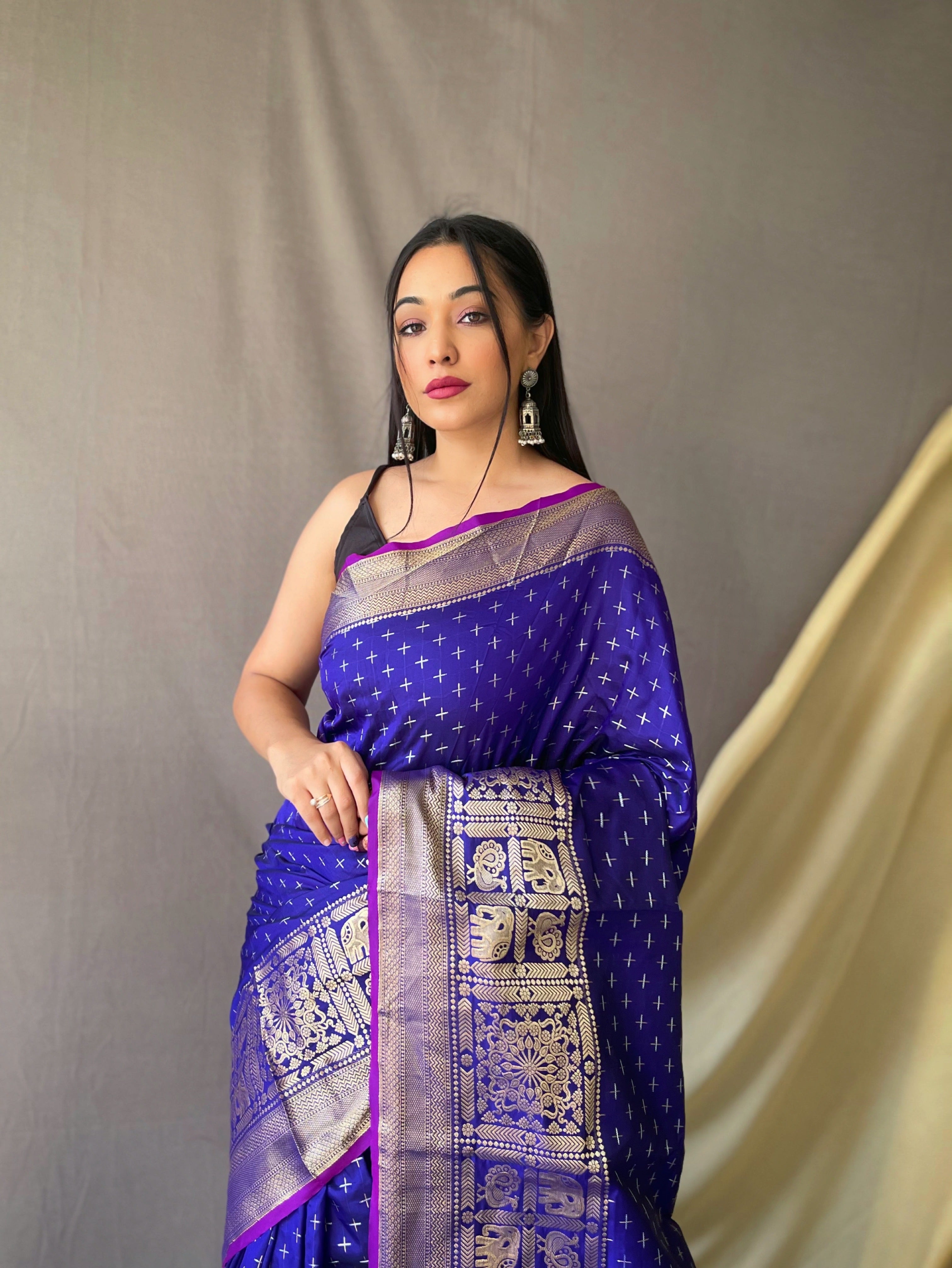 Women's Banarasi Silk Checks Woven Saree Violet Blue - TASARIKA