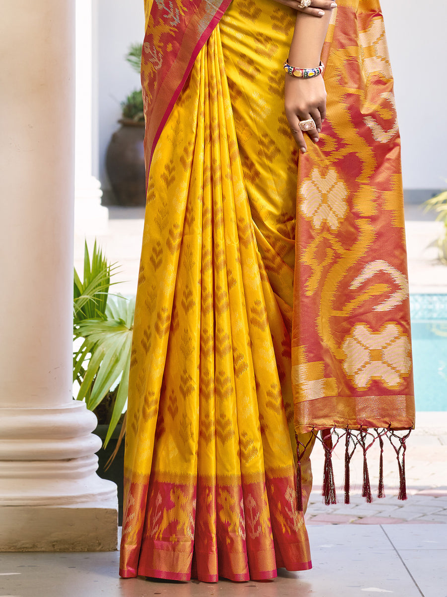 Women's Yellow Pochampalli Silk Woven Zari Work Saree – Trendia