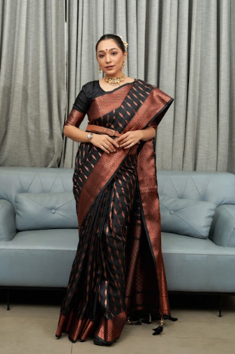 Women's Black Banarasi Silk Copper Zari Woven Saree - TASARIKA