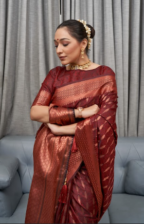 Women's Brown Banarasi Silk Copper Zari Woven Saree - TASARIKA