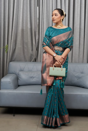 Women's Bluish Green Banarasi Silk Copper Zari Woven Saree - TASARIKA