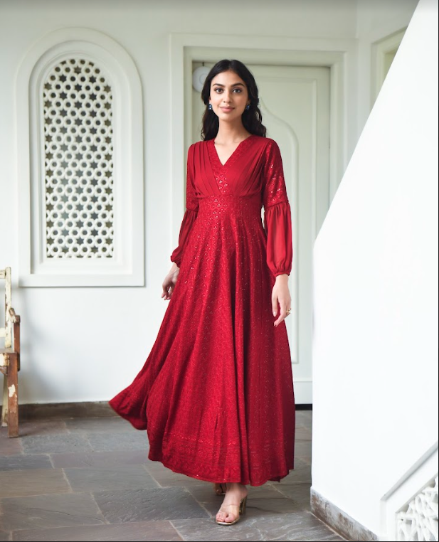 Women's Embroidered Red Gown (1Pc) - Saras The Label Usa