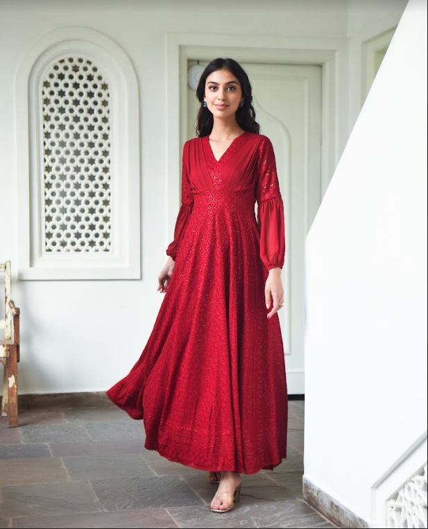 Women's Embroidered Red Gown (1Pc)