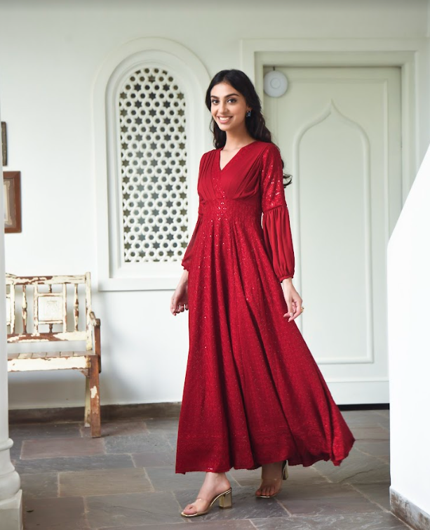 Women's Embroidered Red Gown (1Pc)