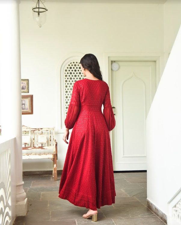 Women's Embroidered Red Gown (1Pc)