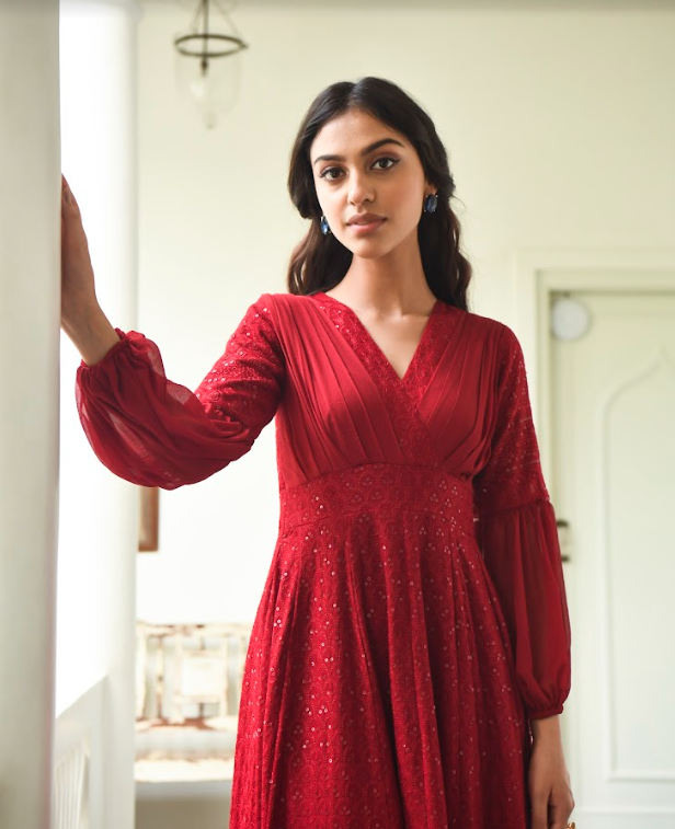 Women's Embroidered Red Gown (1Pc)