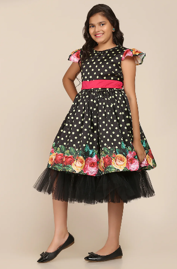 Girl's Black Digital Print Frock