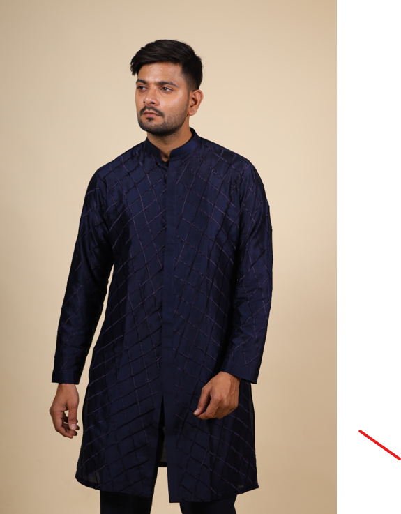Men's Blue Color Navy Blue Shirt Cut Lattice Pattern Designer Kurta Dupion