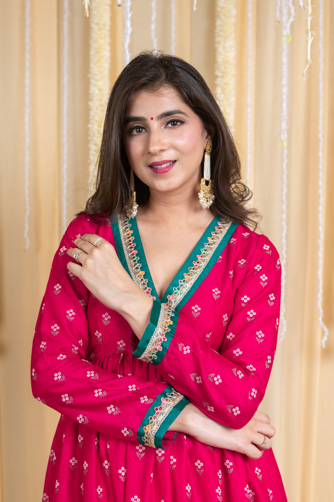 Women's Pink & Green Rubber Foil Print Flared Anarkaliâ Set