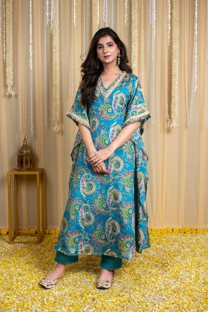 Women's Turquoise Blue Floral Embroidered Kaftanâ Set