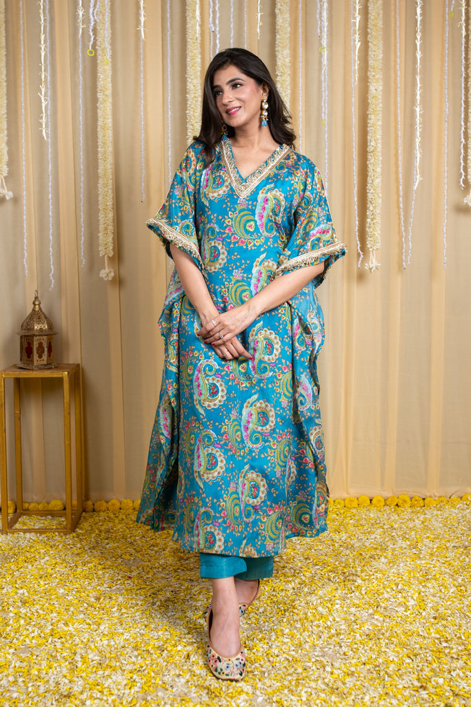 Women's Turquoise Blue Floral Embroidered Kaftanâ Set