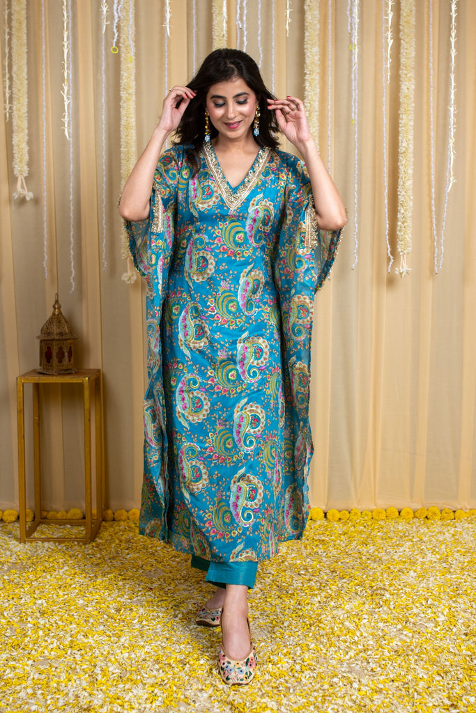 Women's Turquoise Blue Floral Embroidered Kaftanâ Set