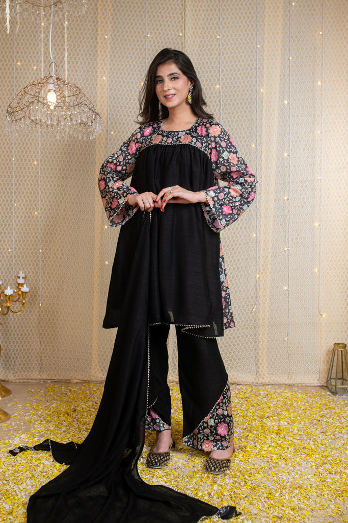 Women's Flared Black Short Kurta Set With Embroidery