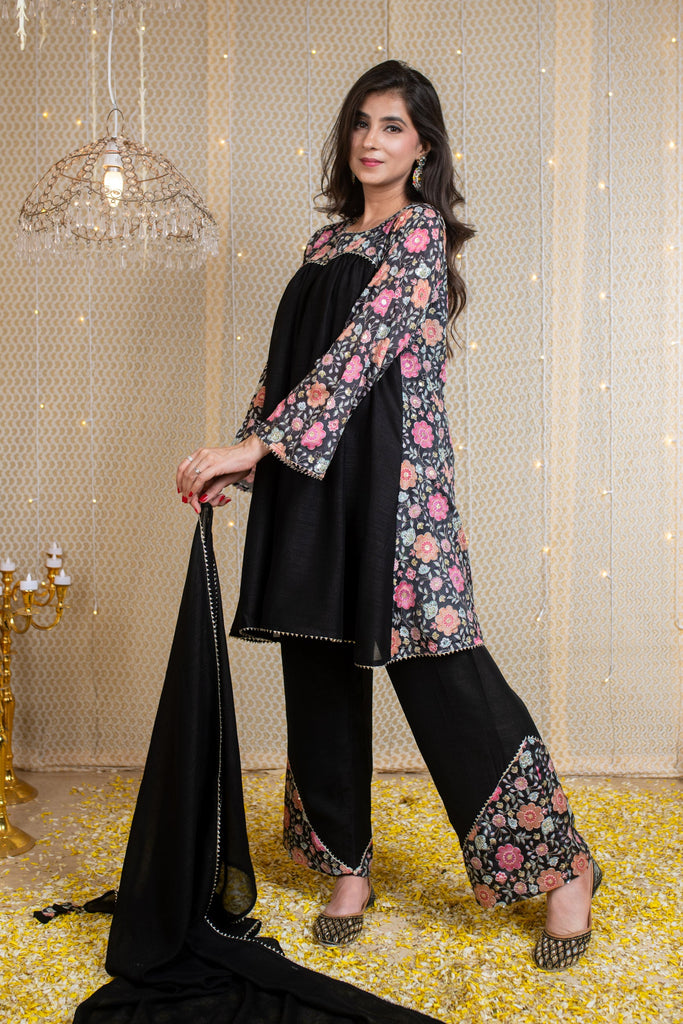 Women's Flared Black Short Kurta Set With Embroidery