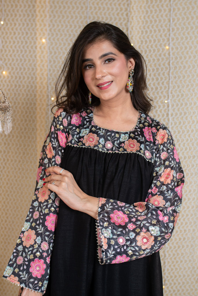 Women's Flared Black Short Kurta Set With Embroidery