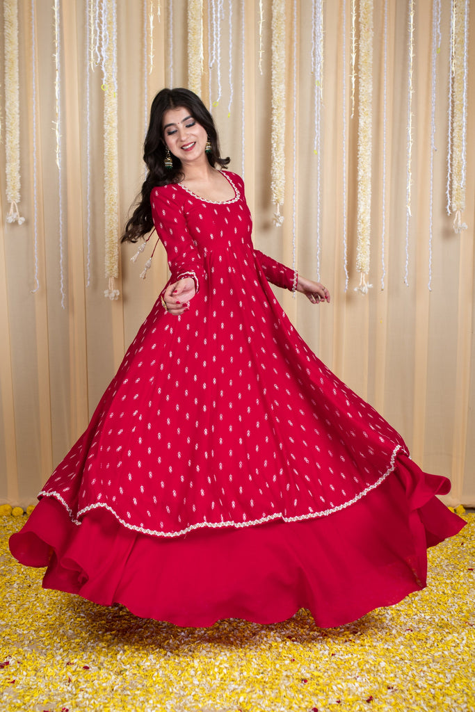 Women's Red Anarkali Lehenga Set With Rubber Foilâ Detailing