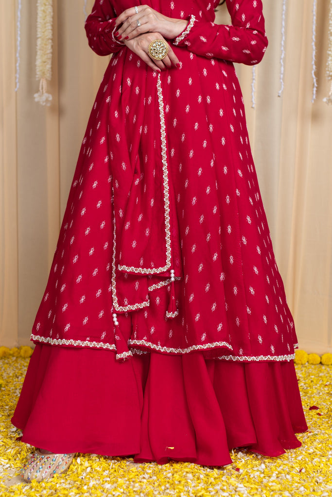 Women's Red Anarkali Lehenga Set With Rubber Foilâ Detailing
