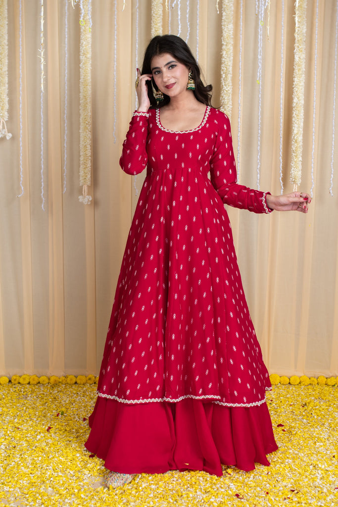 Women's Red Anarkali Lehenga Set With Rubber Foilâ Detailing