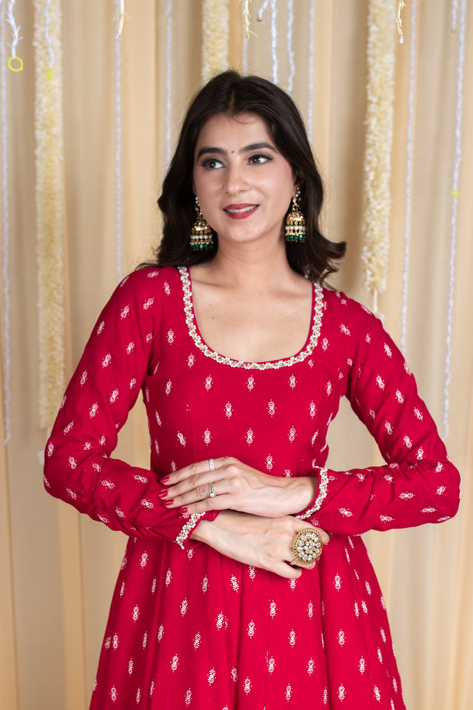 Women's Red Anarkali Lehenga Set With Rubber Foilâ Detailing