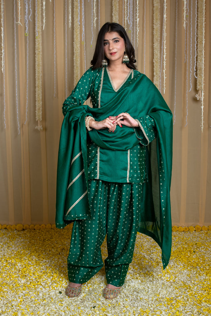 Women's Arabian Green Short Kurta & Farshi Salwar With Rubberâ Foilâ Print