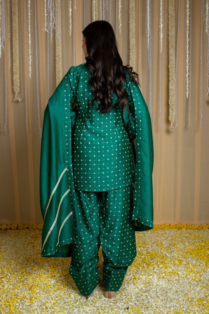 Women's Arabian Green Short Kurta & Farshi Salwar With Rubberâ Foilâ Print