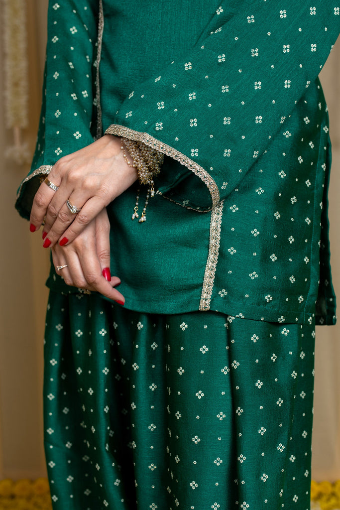 Women's Arabian Green Short Kurta & Farshi Salwar With Rubberâ Foilâ Print