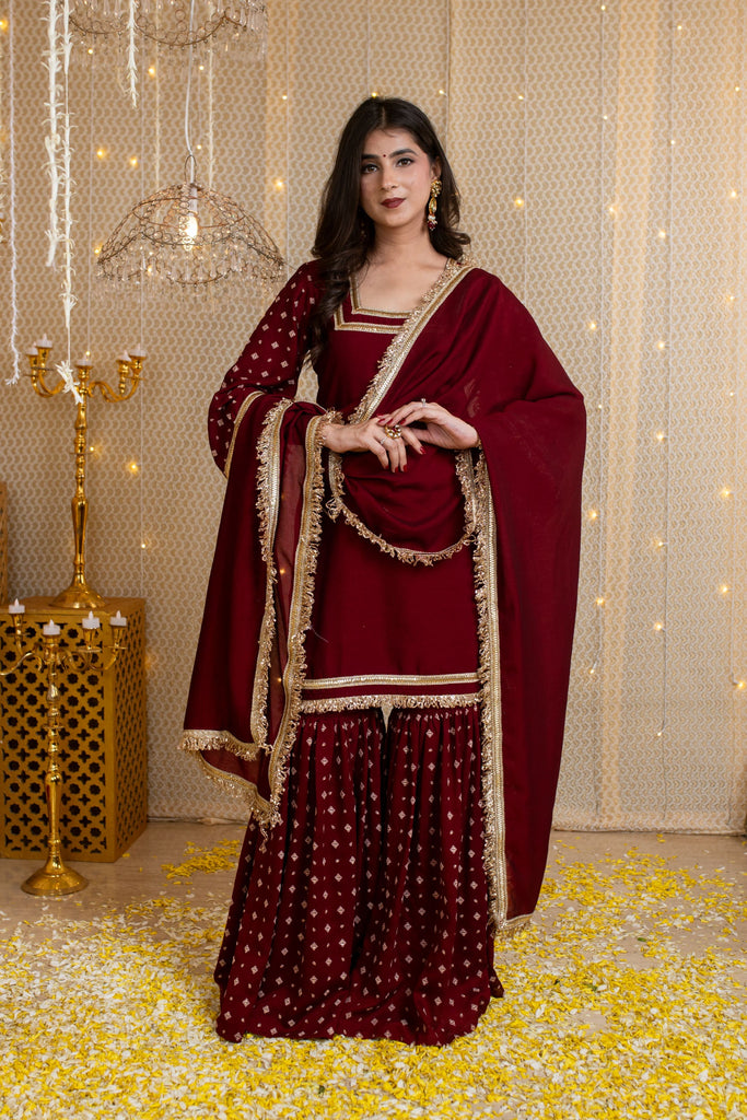 Women's Maroon Short Kurta & Sharara With Rubberâ Foilâ Work