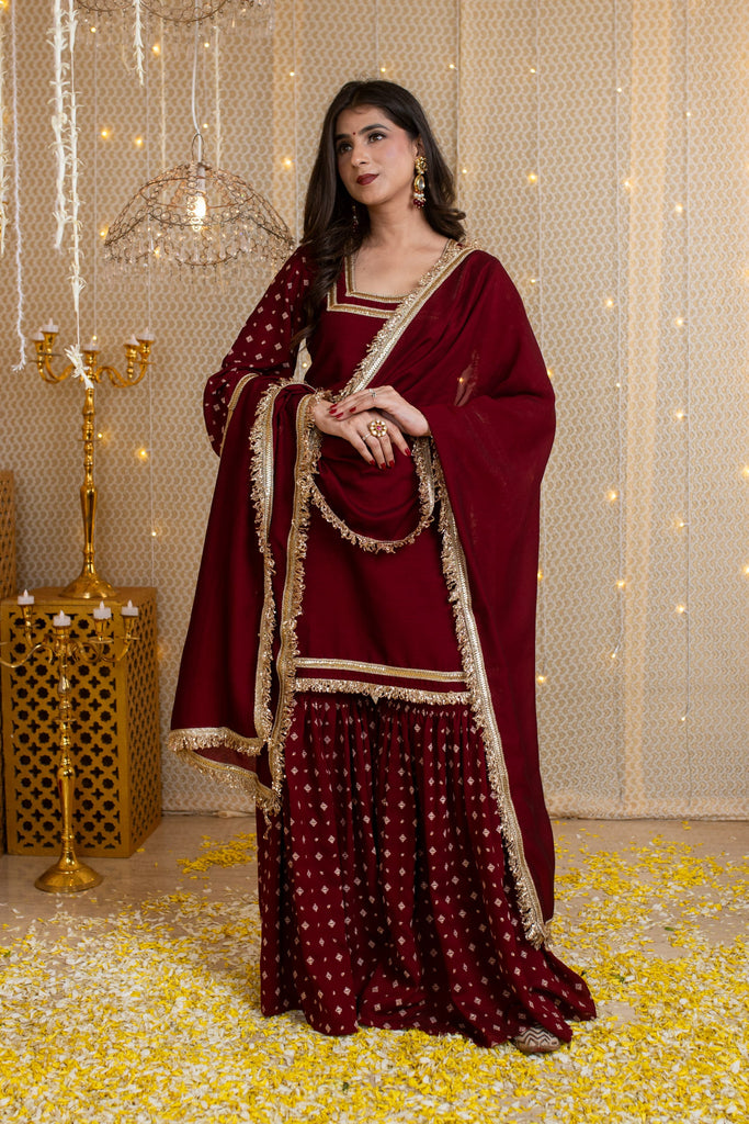 Women's Maroon Short Kurta & Sharara With Rubberâ Foilâ Work