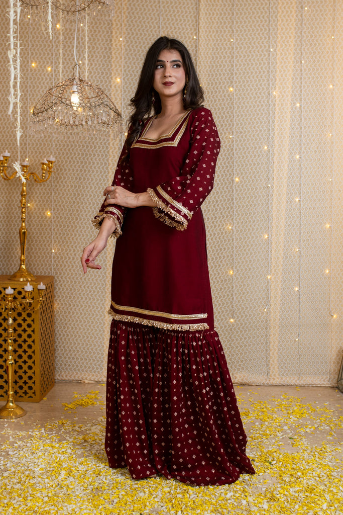 Women's Maroon Short Kurta & Sharara With Rubberâ Foilâ Work