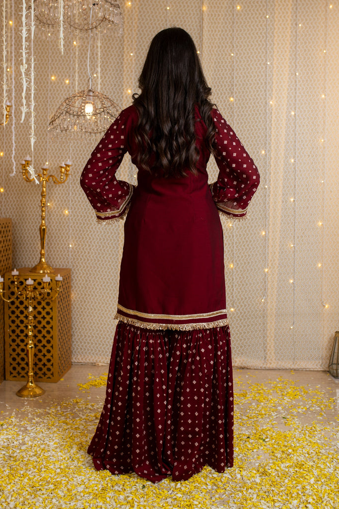 Women's Maroon Short Kurta & Sharara With Rubberâ Foilâ Work