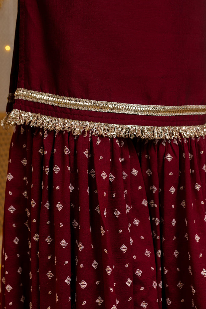 Women's Maroon Short Kurta & Sharara With Rubberâ Foilâ Work