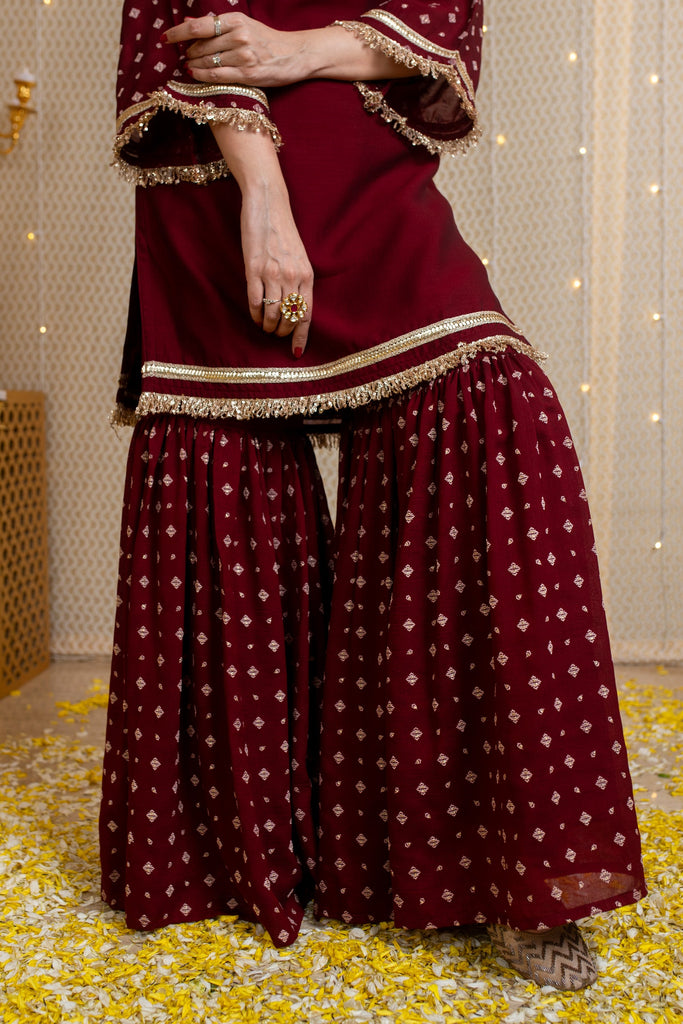 Women's Maroon Short Kurta & Sharara With Rubberâ Foilâ Work