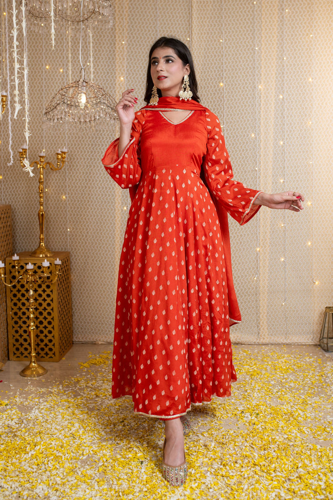 Women's Orange Anarkali Suit With Rubber Foilâ Work