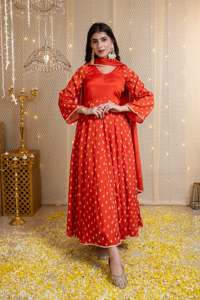 Women's Orange Anarkali Suit With Rubber Foilâ Work