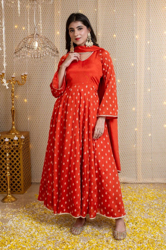 Women's Orange Anarkali Suit With Rubber Foilâ Work