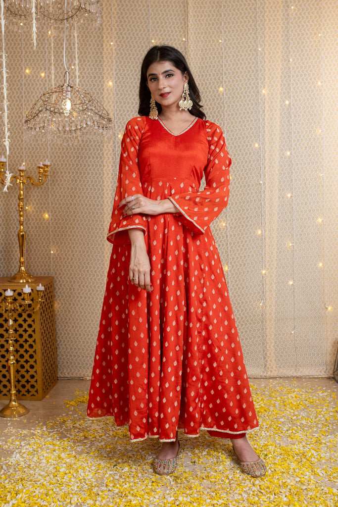 Women's Orange Anarkali Suit With Rubber Foilâ Work