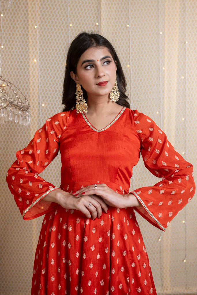 Women's Orange Anarkali Suit With Rubber Foilâ Work